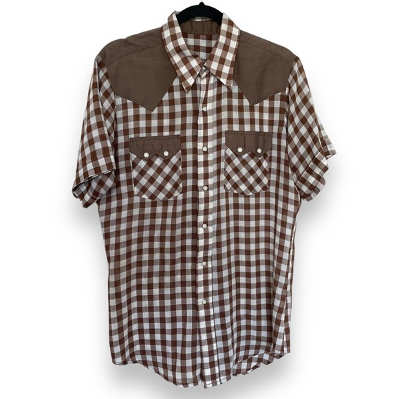 Vintage Other - 60s 70s Brown White Check Plaid Pearl Snap Short Sleeve Shirt Double Yoke Pocket